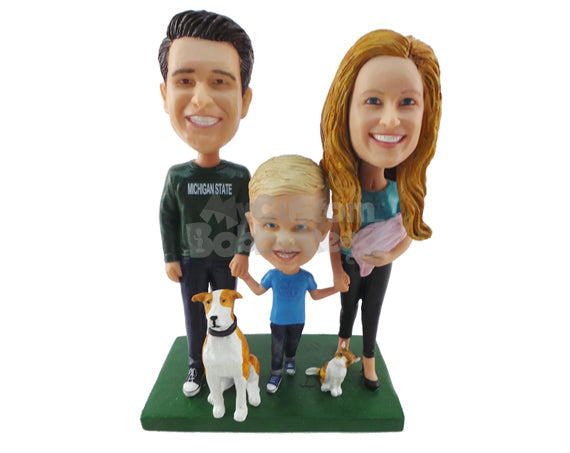 Custom Bobblehead Beautiful Family Of Three With A Dog - Parents & Kids Mom, Dad & Kids Personalized Bobblehead & Cake Topper