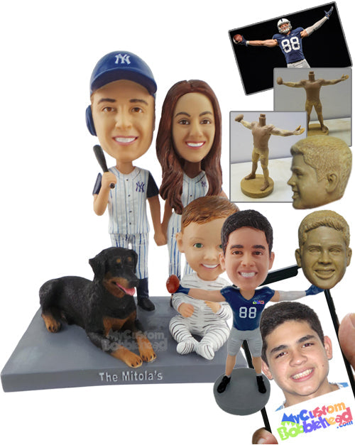 Beautiful Family of Three Baseball Fans with a Large Dog Personalized Bobblehead