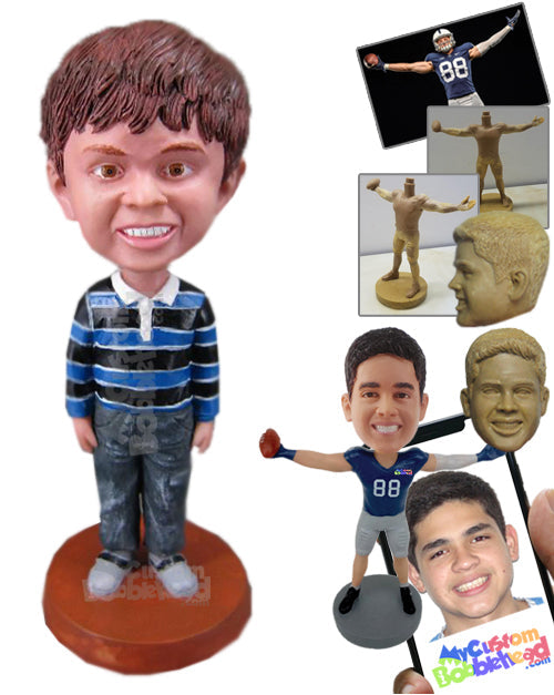 Playful Boy in Long-Sleeved T-Shirt and Jeans Personalized Bobblehead