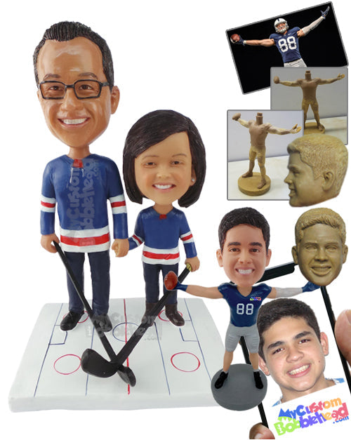 Dad and His Son Playing with Ice Hockey Sticks Personalized Bobblehead