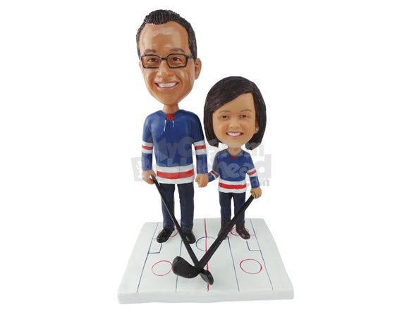 Dad and His Son Playing with Ice Hockey Sticks Personalized Bobblehead