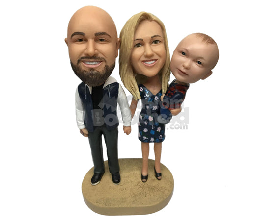 Custom Bobblehead Beautiful Family Of Three With Son In Lap Of Mother - Parents & Kids Mom, Dad & Kids Personalized Bobblehead & Cake Topper