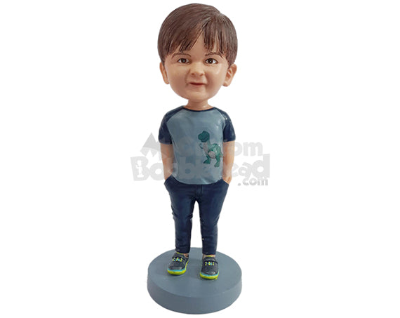 Custom Bobblehead Good looking boy wearing t-shirt, jeans and nice shoes with both hands inside pockets - Parents & Kids Babies & Kids Personalized Bobblehead & Action Figure