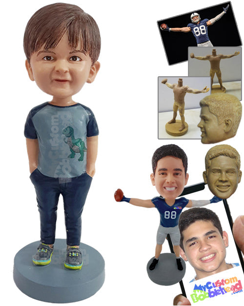 Good-looking Boy Wearing T-shirt, Jeans, and Nice Shoes with Both Hands Inside Pockets Personalized Bobblehead