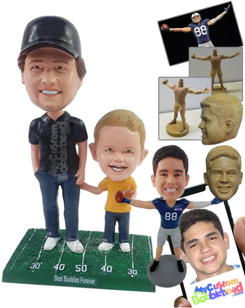 Dad and Son Cheering for Their Teams with Kid Holding a Football Personalized Bobblehead