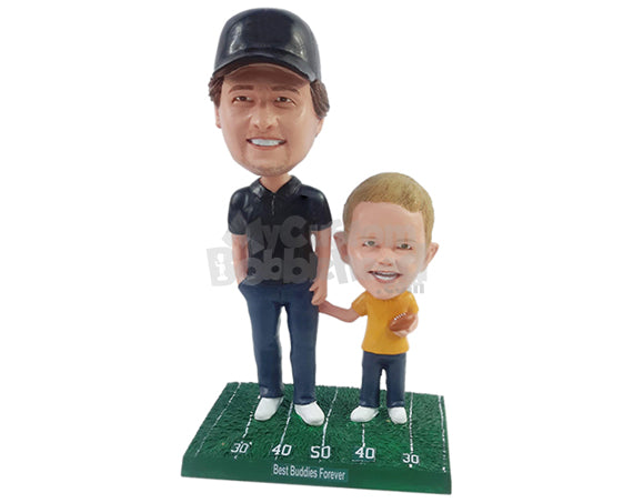 Dad and Son Cheering for Their Teams with Kid Holding a Football Personalized Bobblehead