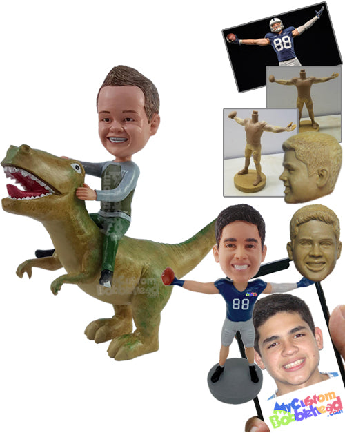 Valiant kid riding a ferocious dinosaur and having fun Personalized Bobblehead