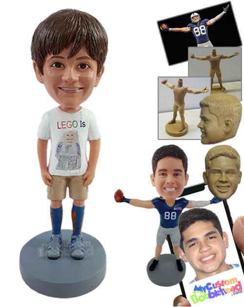 Cool Kid Wearing a T-Shirt, Shorts, and His Lucky Socks Personalized Bobblehead