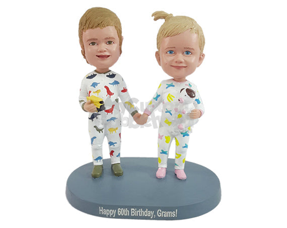 Custom Bobblehead Siblings wearing nice pijamas ready to go to bed with their toys - Parents & Kids Siblings Personalized Bobblehead & Action Figure