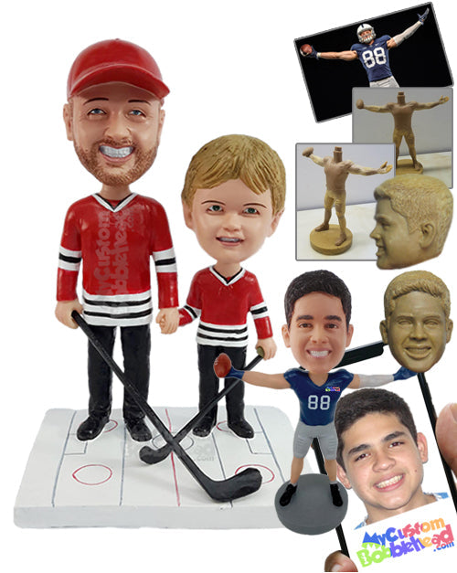 Father and Son Together at a Hockey Game, Wearing Jerseys and Holding Sticks Personalized Bobblehead