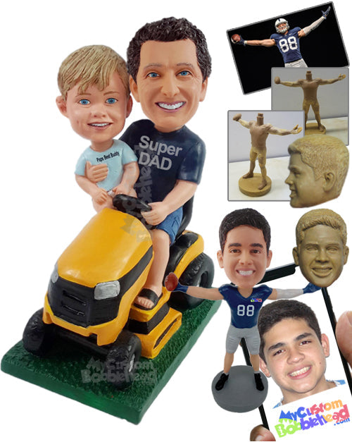 Dad and Son Having Fun on the Lawn Mower Wearing T-Shirts and Shorts and Sandals Personalized Bobblehead