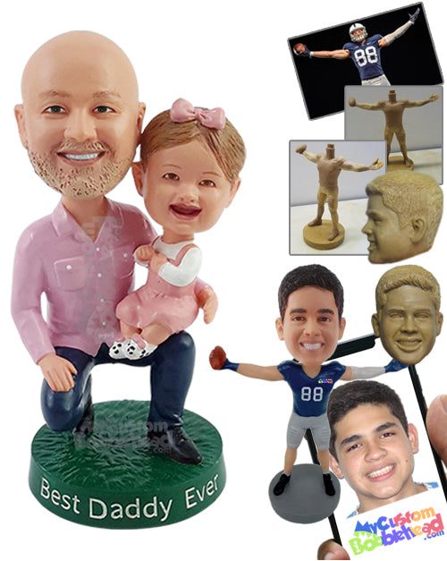 Dad Kneeling and Holding Daughter Wearing Nice Matching Clothes Personalized Bobblehead