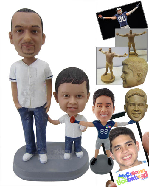 Stylish Father and Kid Wearing Jerseys and Jeans with Baseball in Hand Personalized Bobblehead