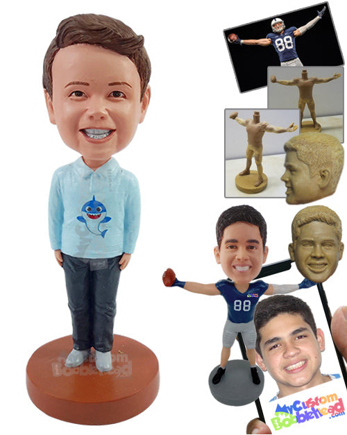 Nice young boy standing straight, wearing a nice long sleeve polo shirt and pants Personalized Bobblehead