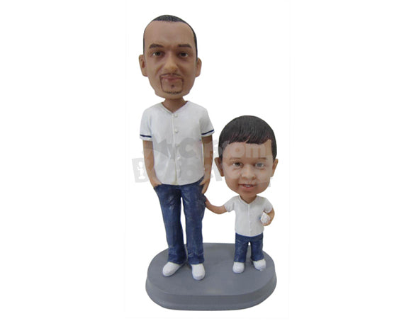 Stylish Father and Kid Wearing Jerseys and Jeans with Baseball in Hand Personalized Bobblehead