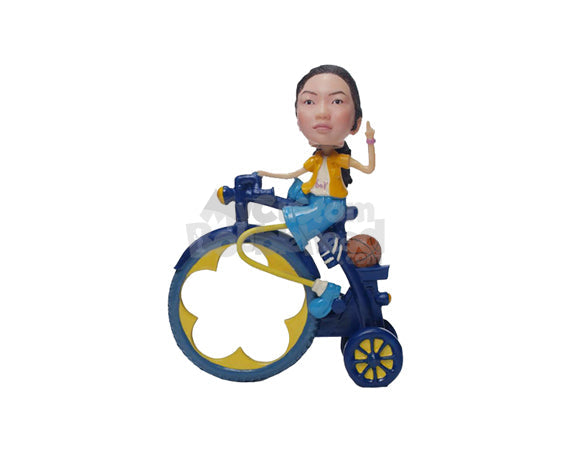 Custom Bobblehead Girl Wearing Jacket And Shorts Giving A Pose Sitting On A Vintage Bicycle - Motor Vehicles Motorcycles Personalized Bobblehead & Cake Topper