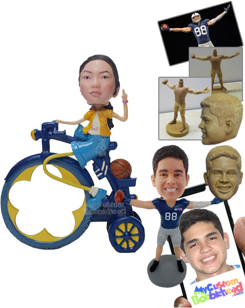 Girl Wearing Jacket and Shorts Giving a Pose Sitting on a Vintage Bicycle Personalized Bobblehead