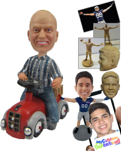 Hardworking Dude Wearing Shirt and Jeans Riding a Lawn Mower Personalized Bobblehead