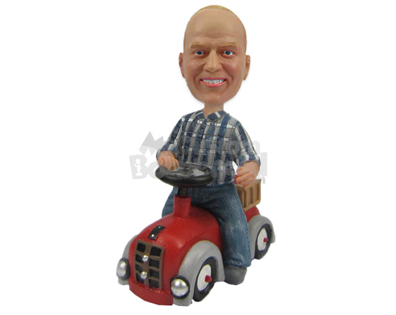 Hardworking Dude Wearing Shirt and Jeans Riding a Lawn Mower Personalized Bobblehead