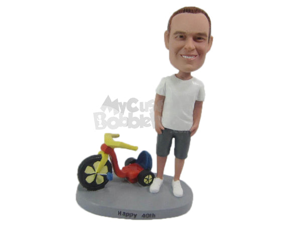 Custom Bobblehead Dude Wearing T-Shirt And Shorts Showing Off His Powerful Toy Ride - Motor Vehicles Motorcycles Personalized Bobblehead & Cake Topper