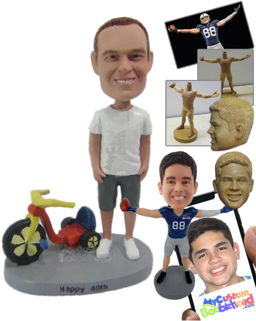 Dude Wearing T-Shirt and Shorts Showing Off His Powerful Toy Ride Personalized Bobblehead