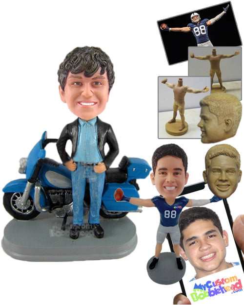 Pal Wearing Jacket and Jeans Standing with His Bike Personalized Bobblehead