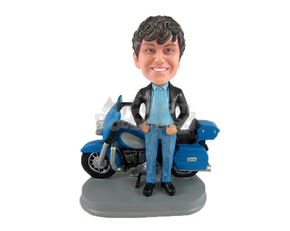 Pal Wearing Jacket and Jeans Standing with His Bike Personalized Bobblehead