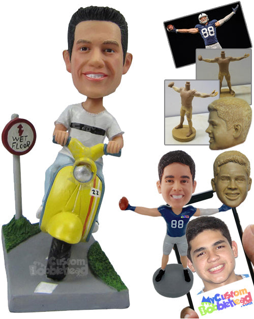 Man Wearing T-Shirt Riding a Scooter Personalized Bobblehead