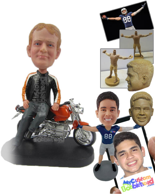 Dude Wearing a Stylish Jacket Sitting on His Motorcycle Personalized Bobblehead