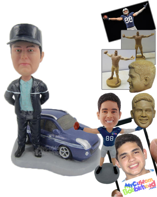 Handsome Fella Wearing Jacket Standing With His Car Personalized Bobblehead