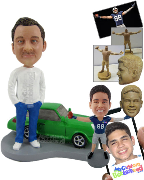 Cool Dude in Casual Attire with A Car Personalized Bobblehead