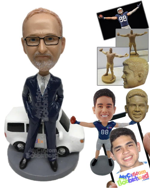 Businessman Dude in Formal Outfit Standing Next to a Delivery Van Personalized Bobblehead