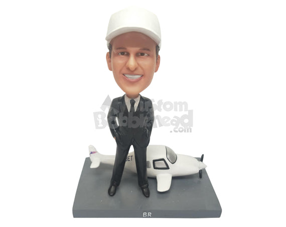 Custom Bobblehead Man Standing Next To Airplane - Motor Vehicles Planes Personalized Bobblehead & Cake Topper