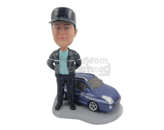 Handsome Fella Wearing Jacket Standing With His Car Personalized Bobblehead