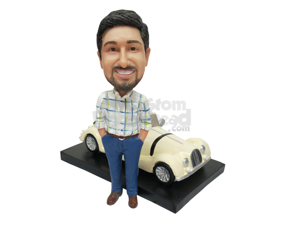 Custom Bobblehead Guy Next To Beautiful Vintage Car - Motor Vehicles Cars, Trucks & Vans Personalized Bobblehead & Cake Topper