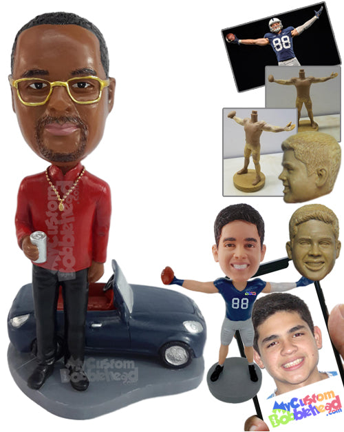 Fancy Looking Businessman Drinking a Soda Next to His Sports Car Personalized Bobblehead