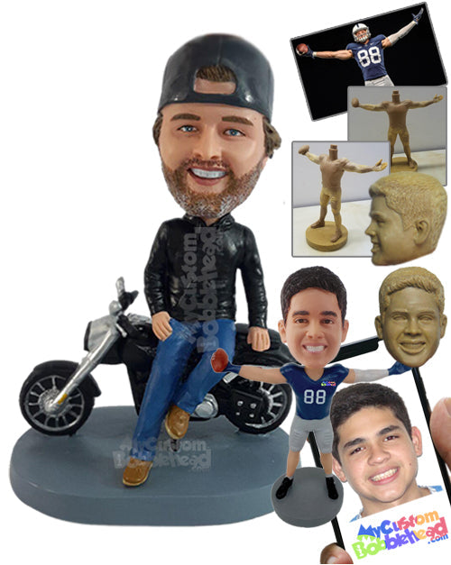 Guy with a Trendy Jacket Sitting on Motorbike Personalized Bobblehead