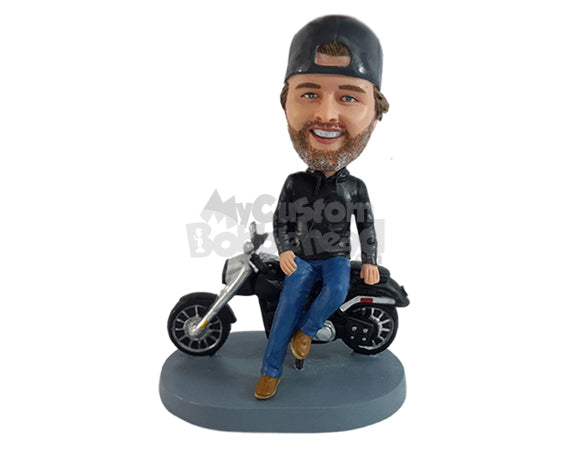 Guy with a Trendy Jacket Sitting on Motorbike Personalized Bobblehead