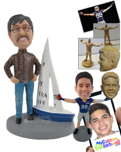 Dude in Jacket and Jeans Standing with a Boat Personalized Bobblehead