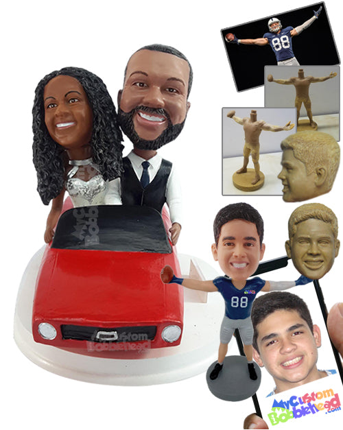 Wedding couple wearing a beautifull dress driving off on a classic car  Personalized Bobblehead