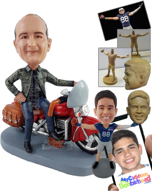 Cool Guy Wearing a Cool Jacket Sitting on His Motorcycle Ready to Hit the Road Personalized Bobblehead