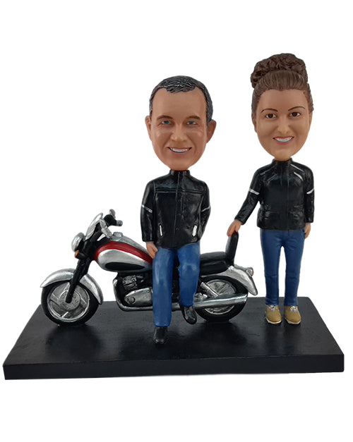 Nice biker couple wearing identical jackets Personalized Bobblehead