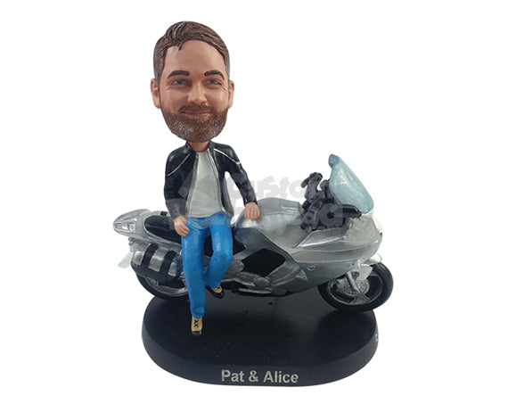 Cool Dude Leaning on His Motorcycle Wearing Leather Jacket, Pants, and Nice Boots Personalized Bobblehead