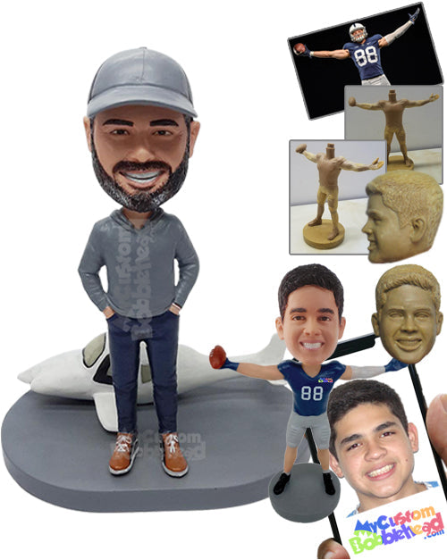 Casual Dude Wearing Nice Sweatshirt, Pants, and Really Cool Shoes with Hands Inside Pockets and an Airplane Prop on the Back Personalized Bobblehead