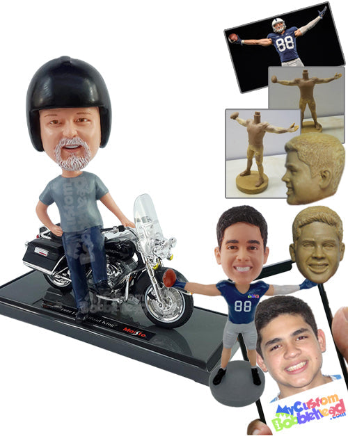 Male wearing a t-shirt, jeans, and boots, leaning on his nice motorcycle Personalized Bobblehead