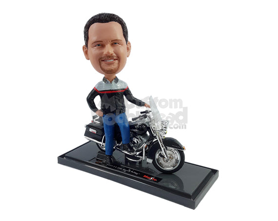 Custom Bobblehead Guy wearing a long sleeve shirt with one hand on hip and the other on the bike - Motor Vehicles Motorcycles Personalized Bobblehead & Action Figure