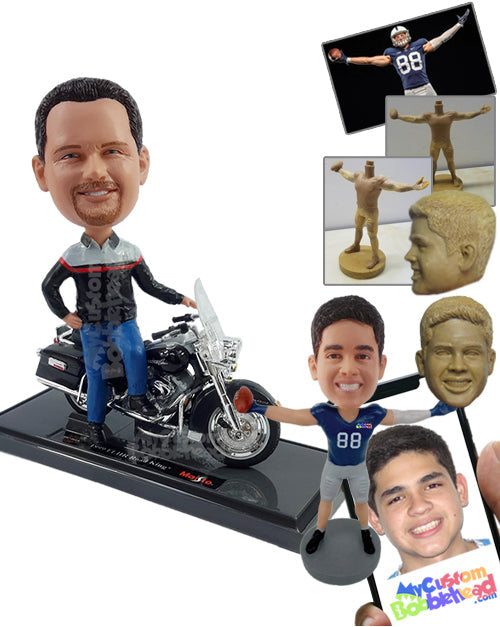 Guy Wearing a Long Sleeve Shirt with One Hand on Hip and the Other on the Bike Personalized Bobblehead