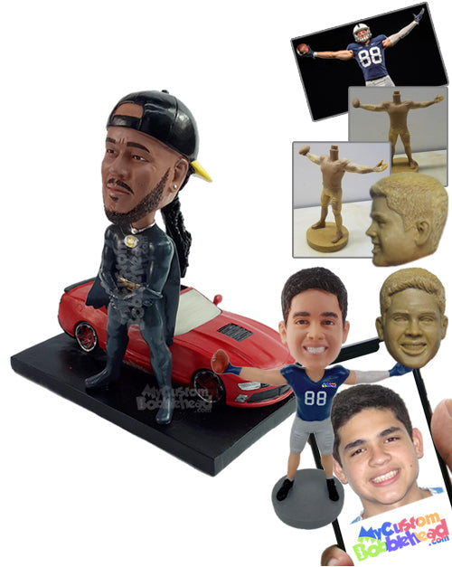 Cool Dude Wearing a Superhero Costume with a Cape Showing His Muscle Leaning on His Rocking Car Personalized Bobblehead