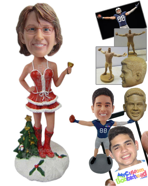 Woman in Christmas Outfit Ringing a Bell Personalized Bobblehead