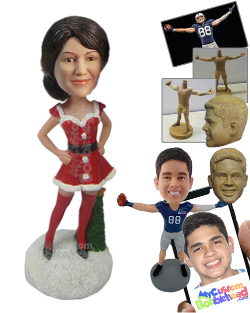 Gorgeous Lady Wearing Santa Skirt with Long Socks Giving a Pose Personalized Bobblehead